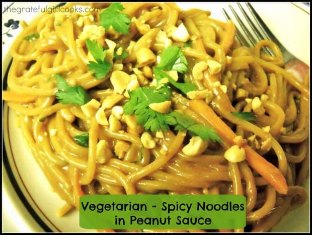 Vegetarian or not, you'll enjoy these spicy noodles in peanut sauce! Pasta with water chestnuts, peanuts, cilantro and carrots in a creamy Thai sauce!