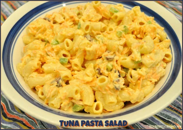 Tuna Pasta Salad with a creamy dressing, albacore tuna, elbow macaroni, carrots, green peppers, onions, and kalamata olives, is a perfect meal for hot summer days!