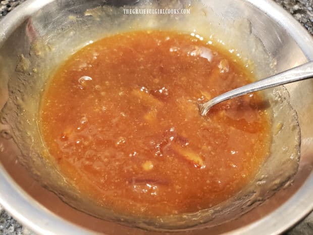 An orange sauce is made with marmalade, Dijon, honey and hot sauce.