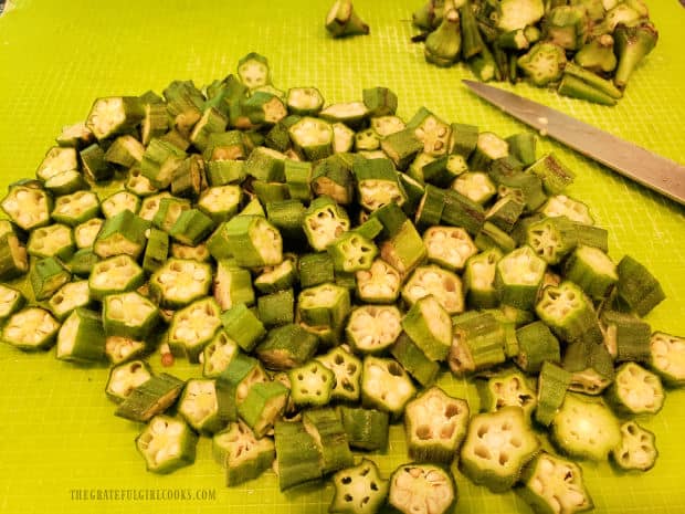 Okra, de-stemmed and sliced into 1/2" rounds, ready for the batter.