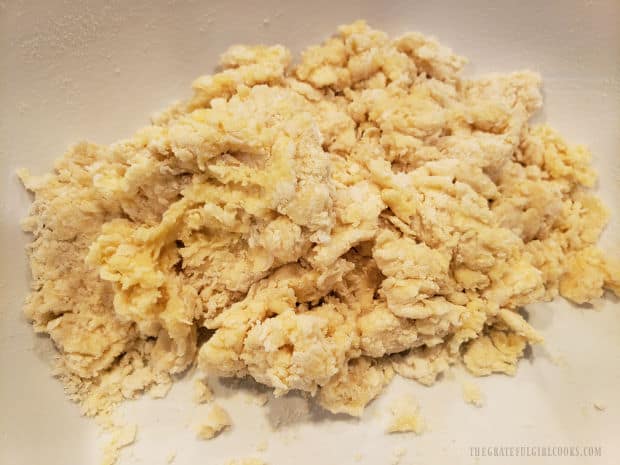 A wet, shaggy dough for the egg noodles is formed.