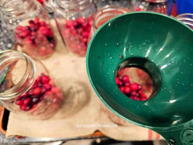 A canning funnel is used to add cranberries to the hot jars.