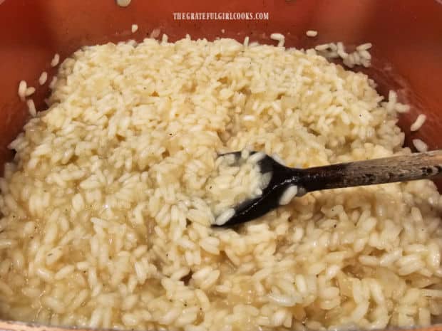 Risotto is creamy after all wine and broth has been cooked into the rice.