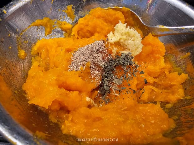 Pumpkin puree, ginger, nutmeg, and dried basil are added to the risotto.