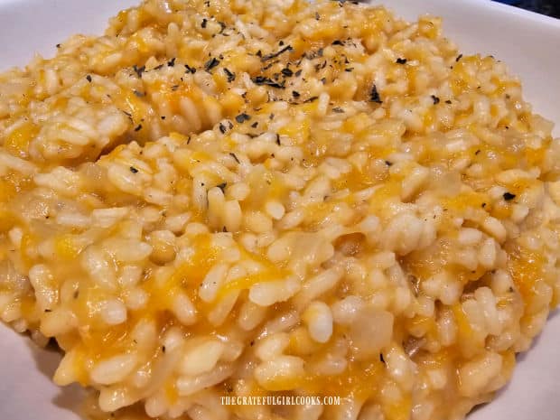 A large white bowl, full of pumpkin risotto is served.