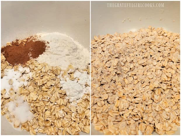 Oats, flour, pumpkin spice, baking soda, salt and baking powder are combined.