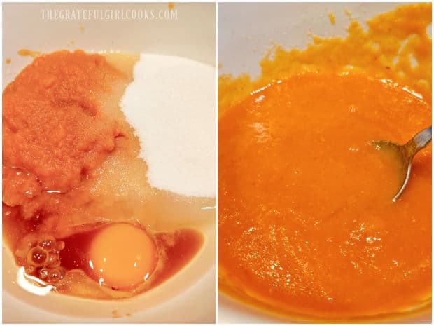 Oil, vanilla, sugar, egg, and pumpkin puree are combined in separate bowl.