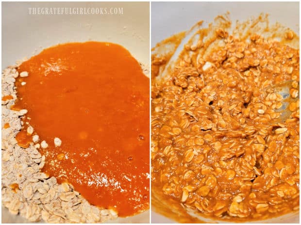 Pumpkin mixture is added to flour/oat mixture, and stirred until combined.