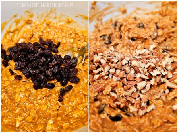 Raisins and chopped pecans (or walnuts) are stirred into cookie batter.