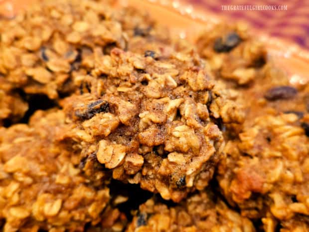 A close up photo of one of the pumpkin spice oatmeal cookies.