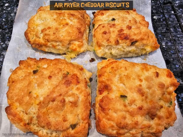 Air Fryer Cheddar Biscuits taste amazing! You're going to love these soft, buttery biscuits filled with cheddar cheese and diced jalapeños.