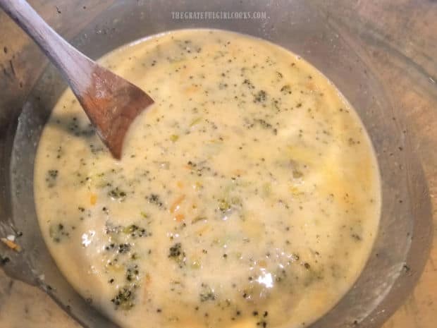 After the broccoli cheese soup has thickened slightly, it is ready to serve.