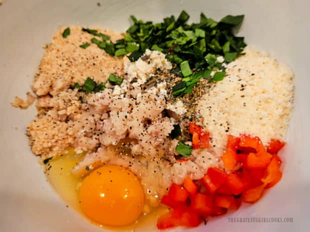 All ingredients for the chicken meatballs are put in a medium bowl.