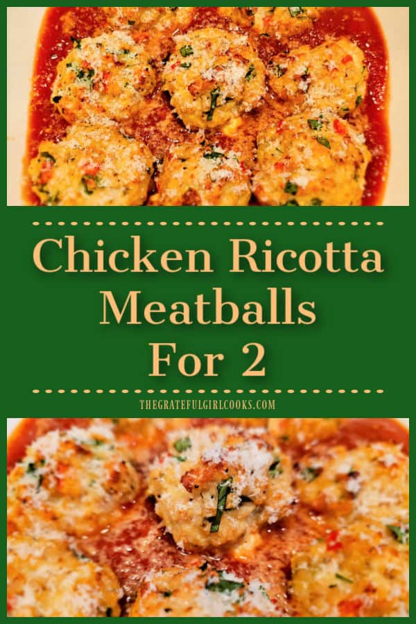 Chicken Ricotta Meatballs For 2 is an easy dish! Recipe yields 8 baked meatballs with Ricotta, Parmesan, spinach, red pepper & Italian spices.