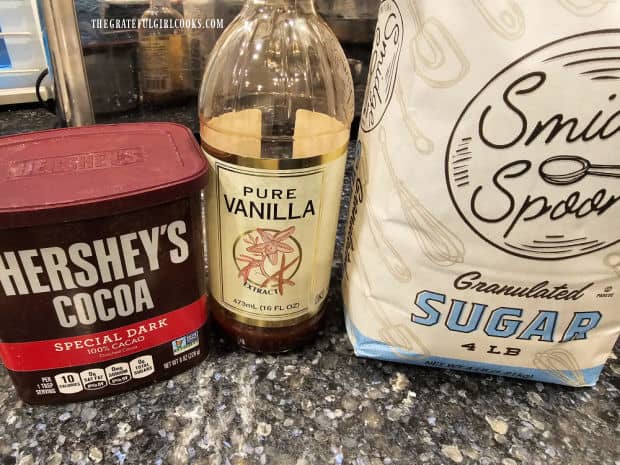 Cocoa powder, vanilla, sugar (and water) are the ingredients for chocolate syrup.