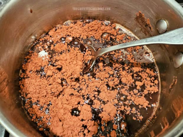 Chocolate syrup ingredients are combined in a medium saucepan.
