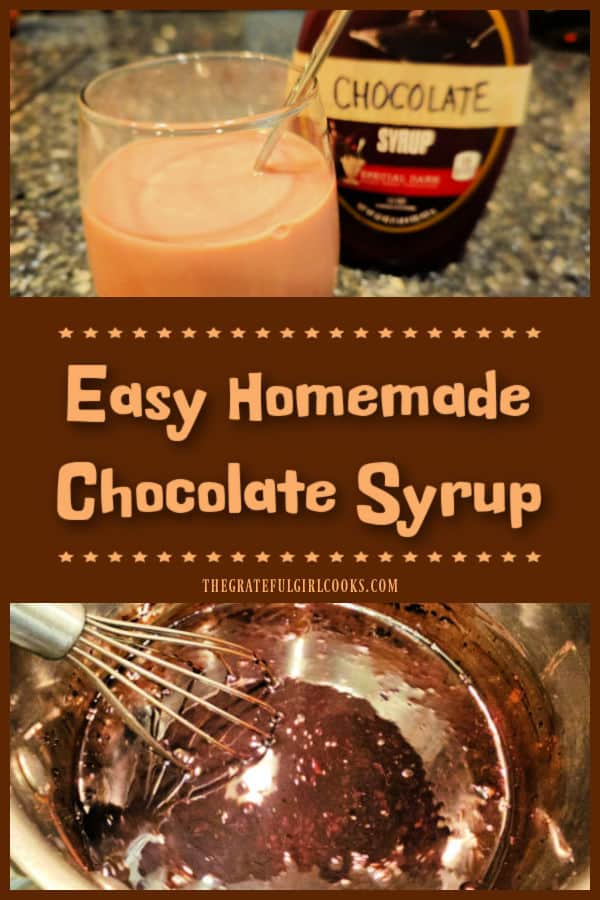 Make Easy Homemade Chocolate Syrup in 5 minutes, with 4 common ingredients! Use for chocolate milk, desserts, etc. 