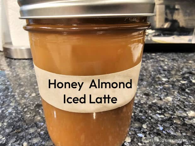 Mixture for a honey almond iced latte is jarred and refrigerated until needed.