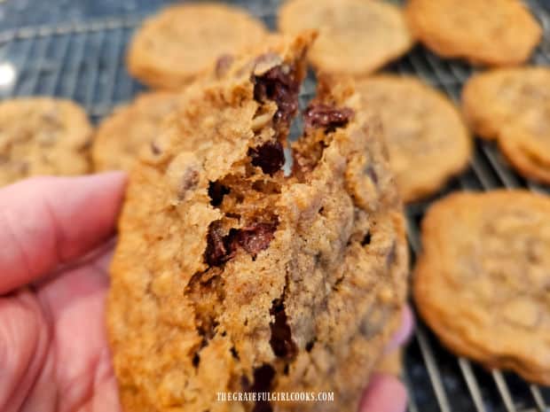 The insides of these cookies are full of chocolate chips and pecans.