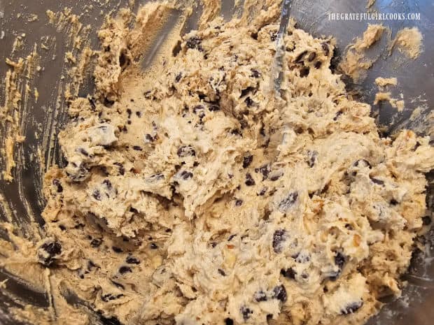 The dough for jumbo chocolate chip cookies is fully mixed.