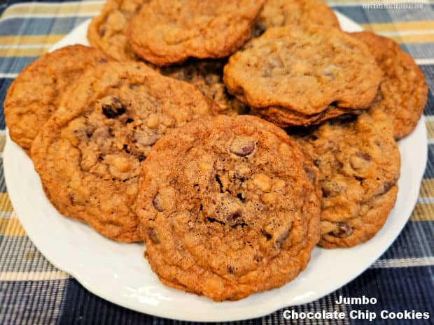 Jumbo Chocolate Chip Cookies are 3-4" wide, full of chocolate chips and pecans, crisp on the outside, and soft on the inside yummy treats! 