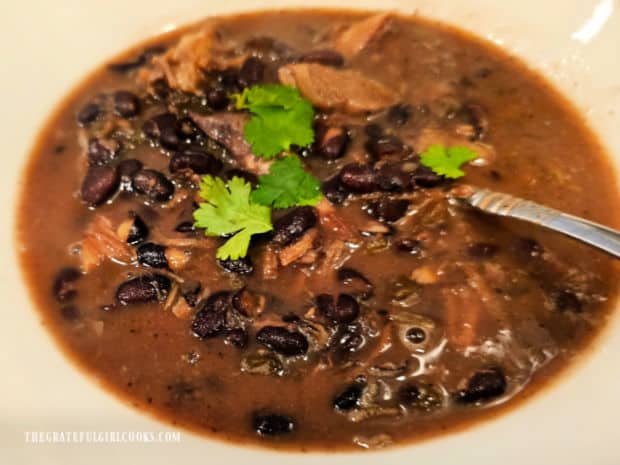 A bowl of the turkey black bean soup, garnished with cilantro leaves.