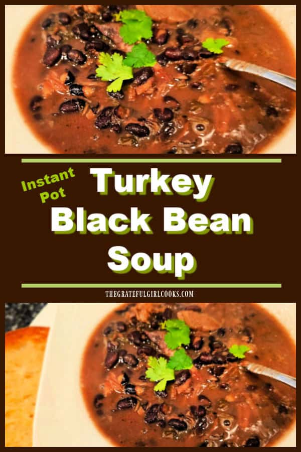 Make delicious Turkey Black Bean Soup using an Instant Pot and leftover turkey! The recipe yields six servings of this hearty, filling soup.