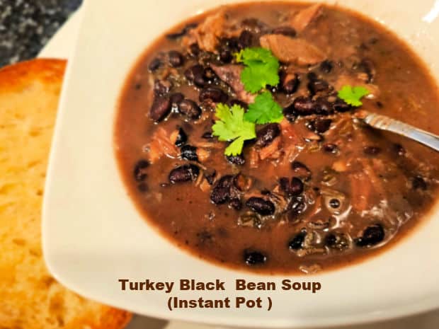 Make delicious Turkey Black Bean Soup using an Instant Pot and leftover turkey! The recipe yields six servings of this hearty, filling soup.