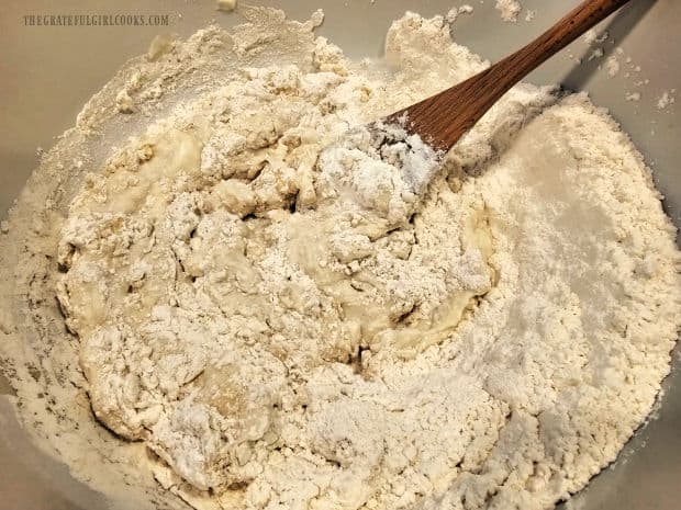 The dough is stirred until it comes together and ingredients are combined.