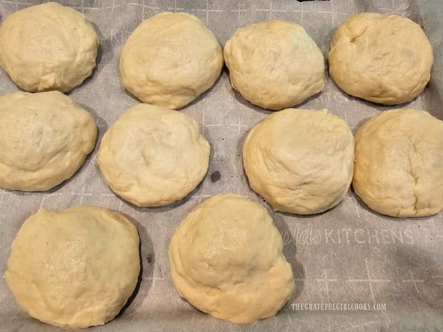 The risen dough is divided into 10 portions..