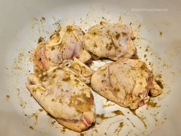 Chicken thighs marinate 30 minutes, covered in the spice and oil mixture.