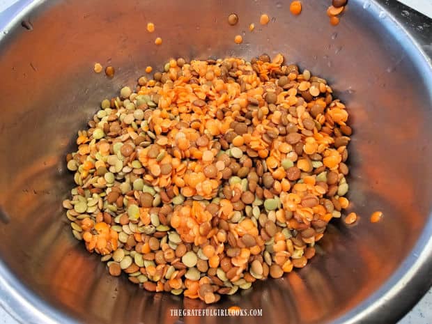 Lentils (red, green and brown) are rinsed and drained, then set aside in bowl.