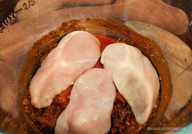 Three chicken breasts are placed on top of the tomato mixture.