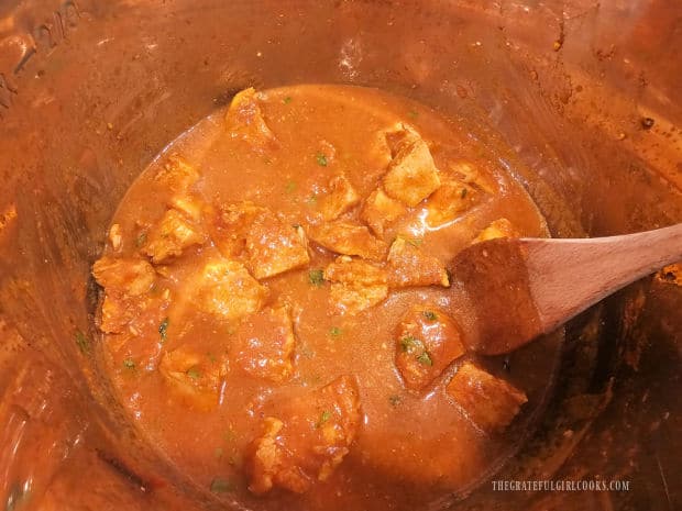 Butter Chicken (Instant Pot) is re-heated in the inner pot of the Instant Pot.