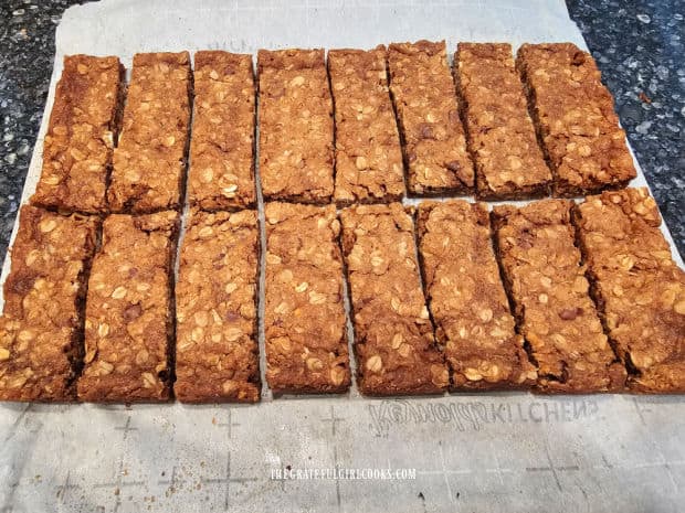 Chocolate chip granola bars are cut into 16 rectangles before serving.