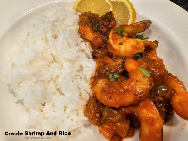 Creole Shrimp and Rice is a fantastic meal! Large shrimp are cooked in a flavorful homemade Creole sauce, and served with rice (4 servings).