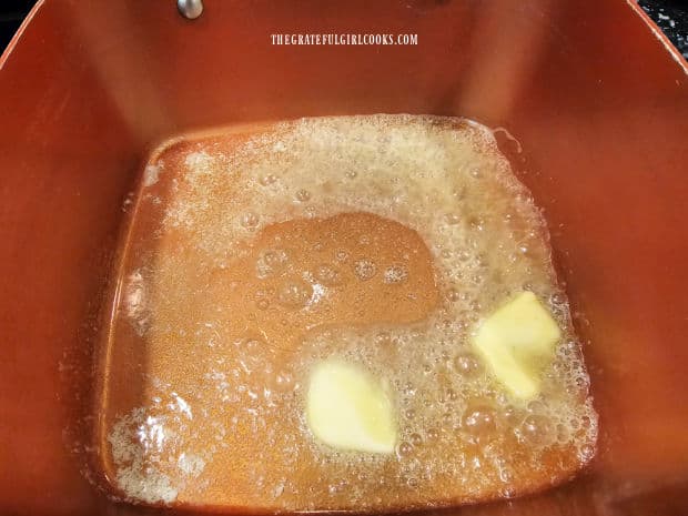 Butter is melted in a saucepan before cooking veggies.