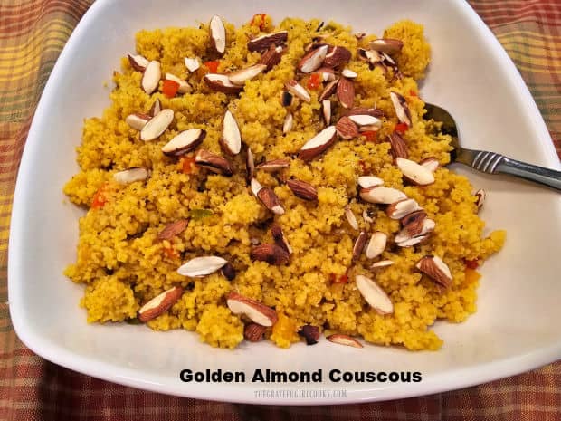 Golden Almond Couscous serves 4, and is a flavorful side dish cooked with onions and bell peppers, then served with a toasted almond garnish.