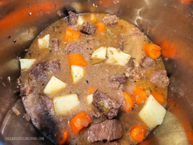 Potatoes and carrot chunks have now been cooked with the stew.