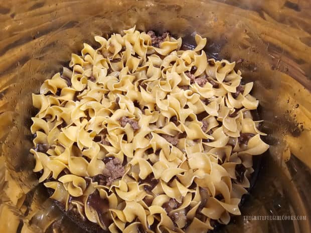 The egg noodles are pressed down as much as possible into the liquid.