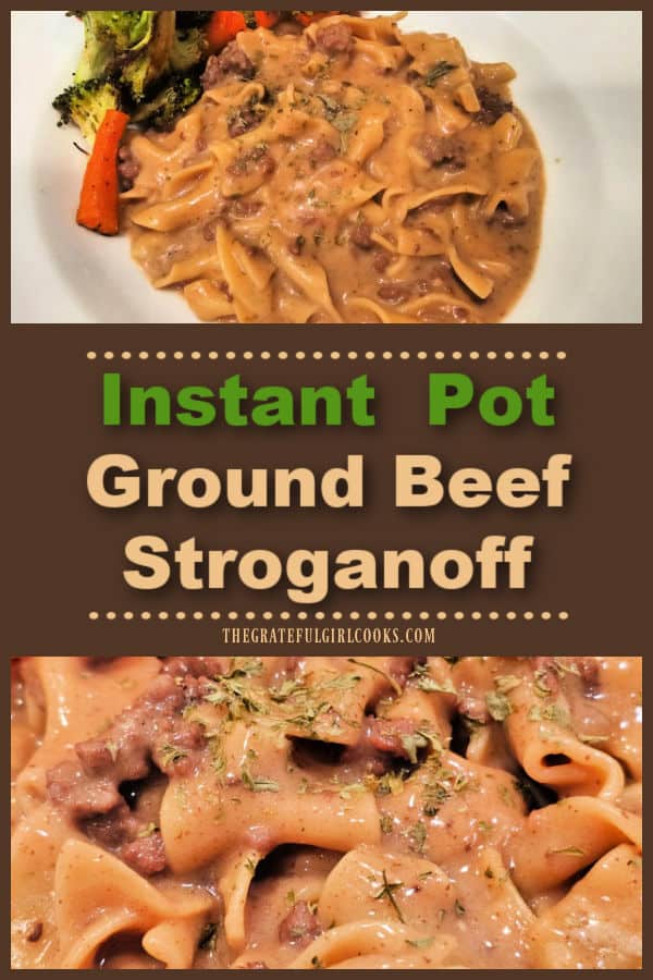 Instant Pot Ground Beef Stroganoff is really easy to make and it's delicious! This one pot meal of beef, noodles and creamy sauce serves 6.