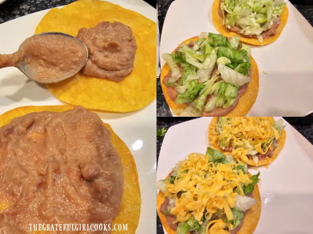 Refried beans, then lettuce and grated cheese are added to crisp tortillas.