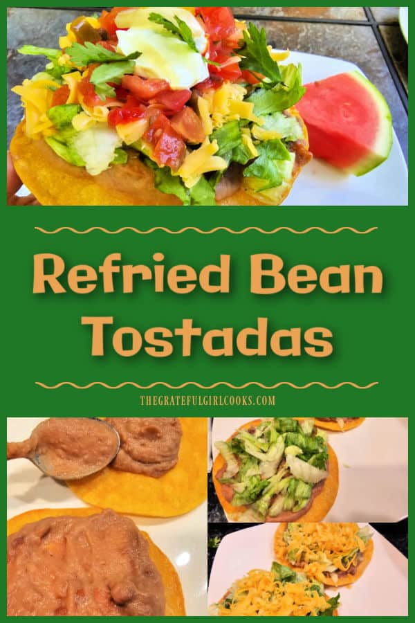 Refried Bean Tostadas are an easy, meatless meal! Corn tortillas are fried until crisp, then topped with beans, cheese, lettuce, salsa, etc.