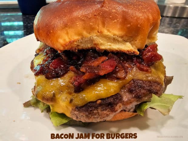 Bacon Jam For Burgers is a slightly sweet and salty condiment, easily made in a skillet, and used on hamburgers to add lots of great flavor!