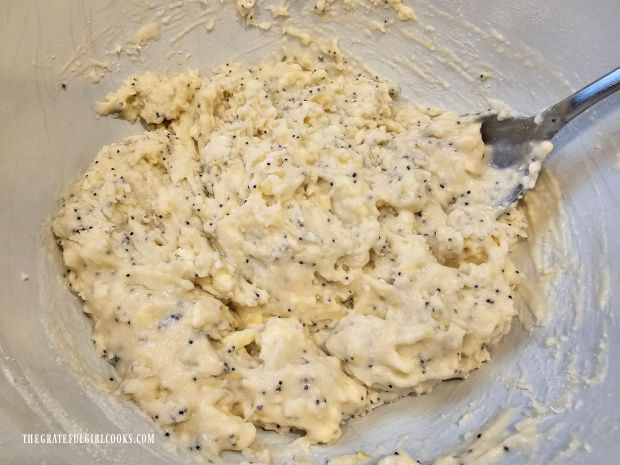 Batter for the blueberry lemon poppyseed muffins is thick.