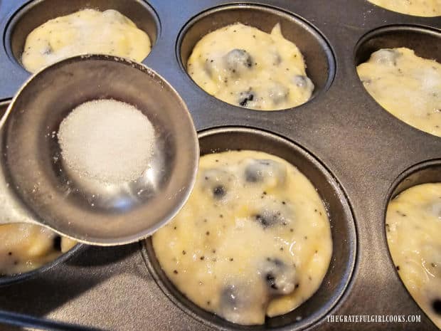 Batter is distributed in pan and muffin tops are sprinkled with sugar.