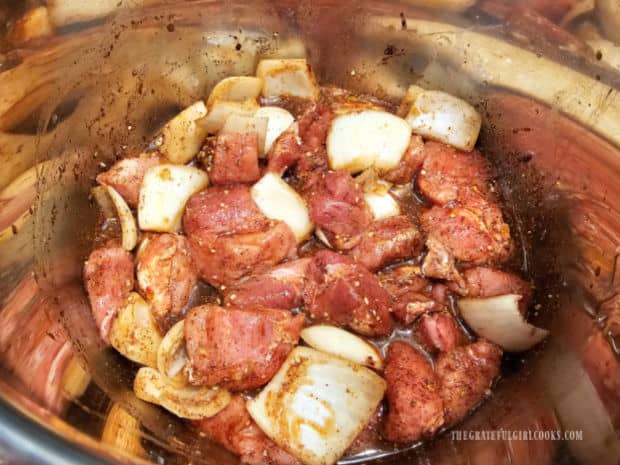 Pork and onion are mixed with the spices and orange juice until coated.