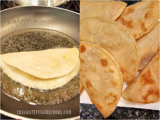 Corn tortillas are fried in oil to make taco shells for Instant Pot Pork Carnitas.