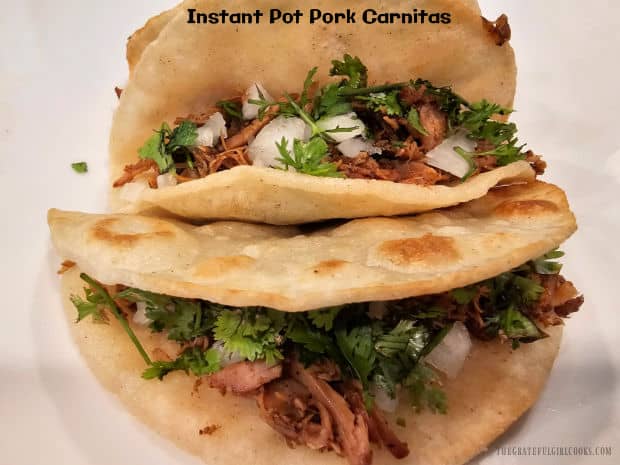 Make Instant Pot Pork Carnitas for taco night! Shredded pork, orange juice, onions and spices flavor this easy, delicious dish (8 servings)!