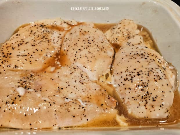 When finished cooking, the Maple Glazed Baked Chicken is removed from oven.